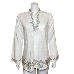 Tasha Polizzi Linen Embroidered Tunic Top Shirt Womens S Long Sleeve White Boho